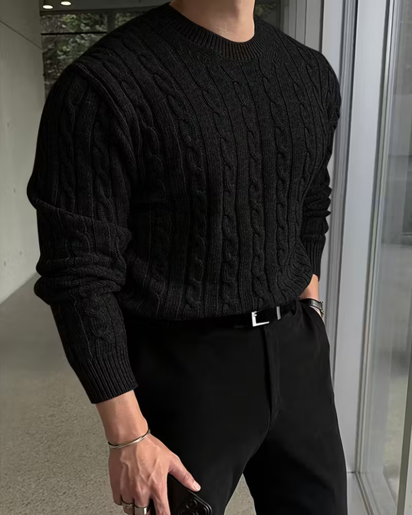 Pull homme col rond noir uni - Manches longues