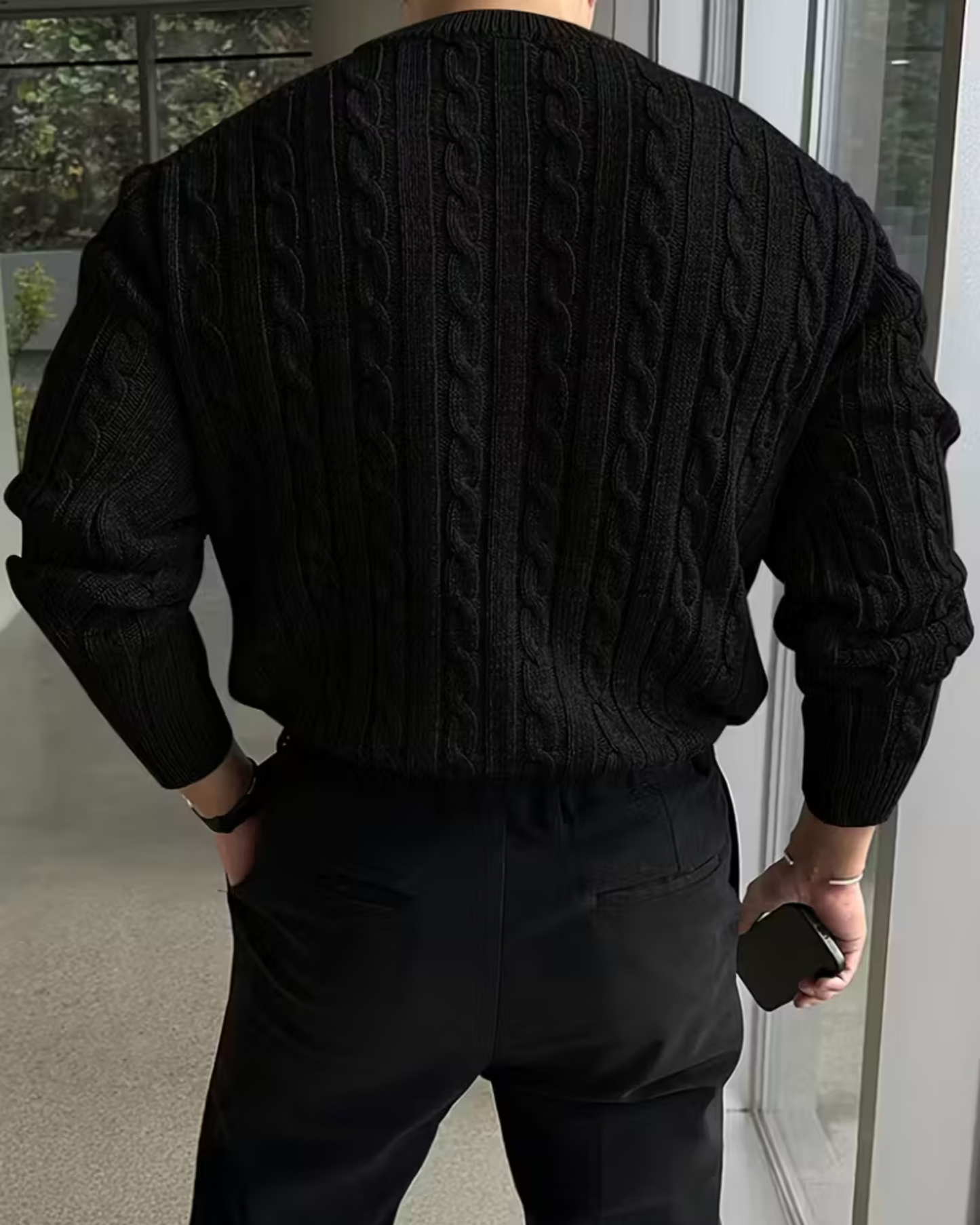 Pull homme col rond noir uni - Manches longues